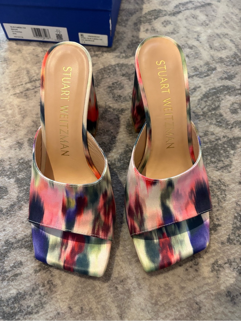 Stuart Weitzman Multicolor Satin Square-Toe Slide Mules